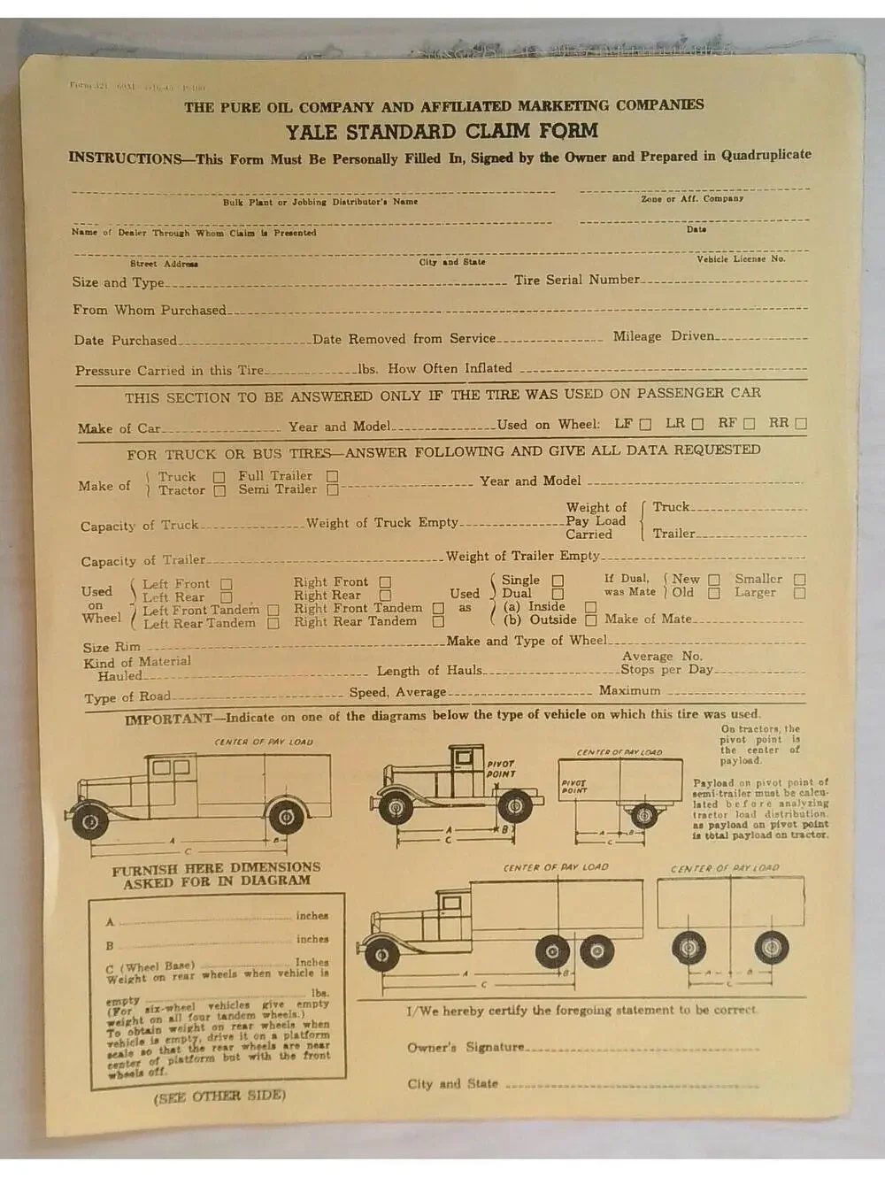 Vintage 1940s-50s Pure Oil Co. Yale Standard Tire Claim Form Ephemera Auto Paper